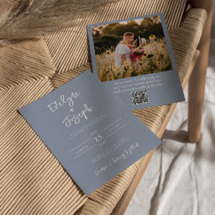 Convite Código QR Dusty Blue Foto Boho Moderno Casamento