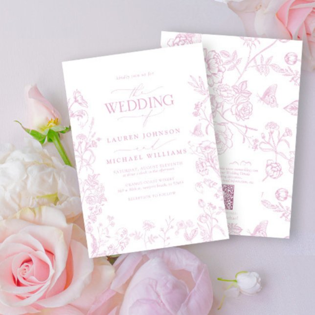 Convite Código QR Elegante Rosa Chinoiserie Casamento Dust (Criador carregado)