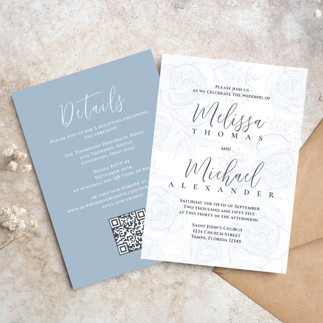 Convite Código QR Elegante RSVP Online Dusty Blue Floral (Elegant wedding invitations with blue floral pattern and taupe with QR Code)