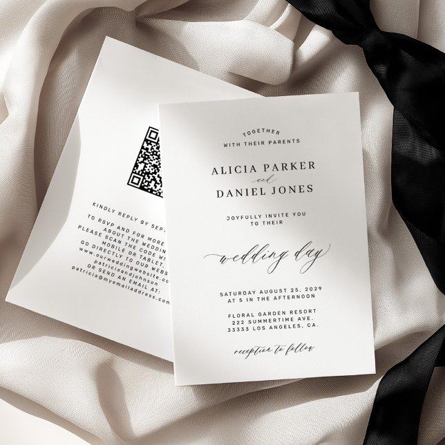Convite CÓDIGO QR elegante simples casamento preto e branc (Criador carregado)