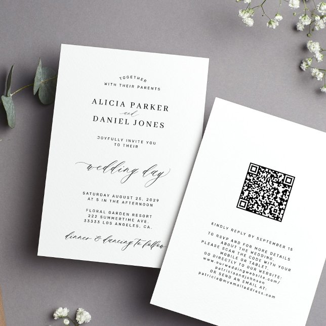 Convite CÓDIGO QR elegante simples casamento preto e branc (Criador carregado)