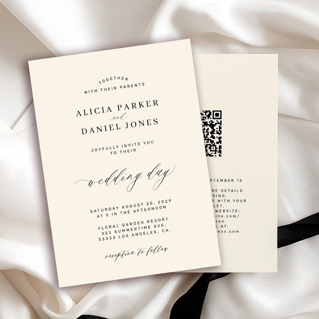 Convite CÓDIGO QR elegante simples casamento preto e marfi (Criador carregado)