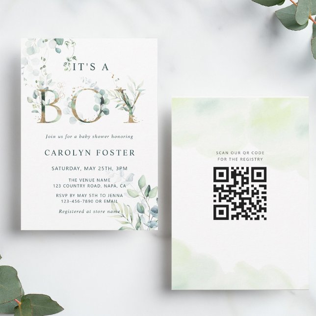Convite Código QR - Eucalyptus - Letra Dourada Chá de fral (Front & Back)