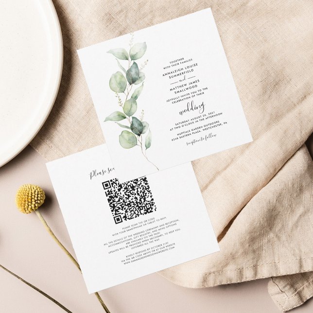 Convite Código QR Eucalyptus tudo em um casamento botânico (Eucalyptus Botanical Script QR Code Wedding Invitation)