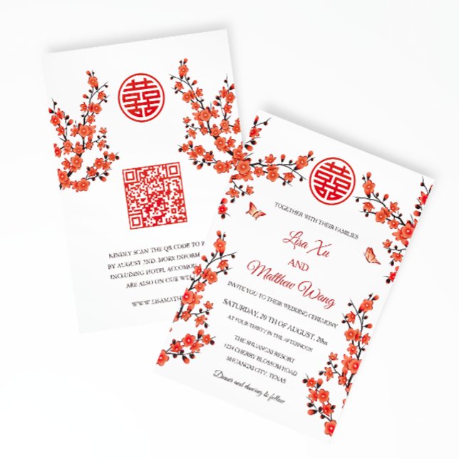 Convite Código QR | Flor de Cereja Vermelha | Casamento ch (Criador carregado)
