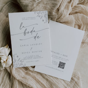 Convite Código QR Flor Silvestre Cinza Boho Casamento Espa