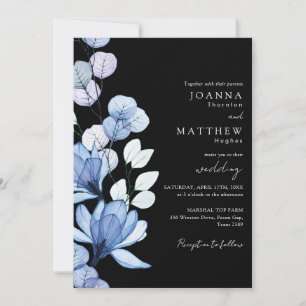 Convite Código QR Floral Azul Casamento Preto e Branco