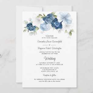 Convite Código QR Floral Azul Dusty Tudo em Um Casamento