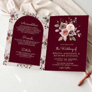 Convite Código QR Floral Bege Neutro Casamento Borgonha