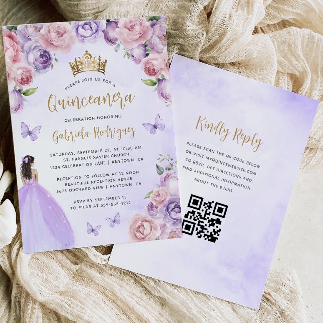 Convite Código QR Floral Bege Roxo Quinceañera (Criador carregado)