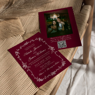 Convite Código QR Floral Borgonha Casamento de Foto Antiga