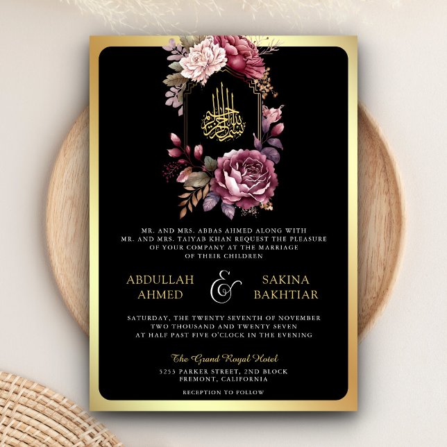 Convite Código QR Floral Borgonha Casamento Muçulmano Pret (Criador carregado)