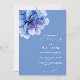 Convite Código QR Floral Botânico Aquarela Azul Casamento