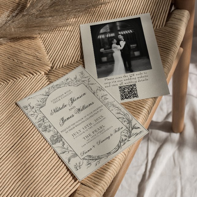 Convite Código QR Floral Botânico Creme Preto Foto Casamen (Criador carregado)