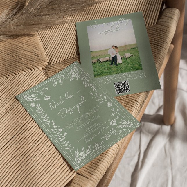 Convite Código QR Floral Botânico Verde Salvia Foto Casame (Criador carregado)