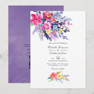 Convite Código QR Floral Colorido em Aquarela RSVP Casamen