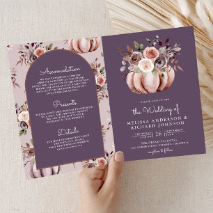 Convite Código QR Floral de Abóbora Neutra Casamento Roxo