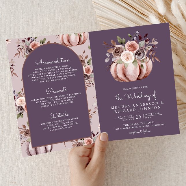 Convite Código QR Floral de Abóbora Neutra Casamento Roxo  (Criador carregado)