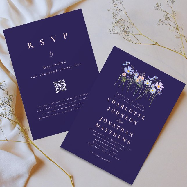 Convite Código QR Floral de Flores Silvestres Azul Marinho (Elegant wildflower meadow watercolor floral navy blue blush pink wedding qr code invitation )