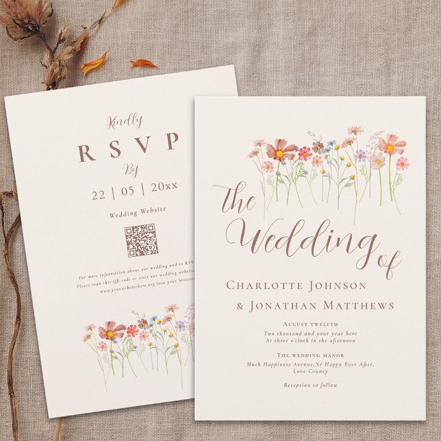 Convite Código QR Floral de Flores Silvestres de Outono Bo (Boho fall wildflower floral wedding qr code invitation Watercolor garden meadow flowers elegant )