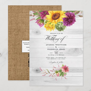 Convite Código QR Floral de Girassóis e Borgonha RSVP Casa