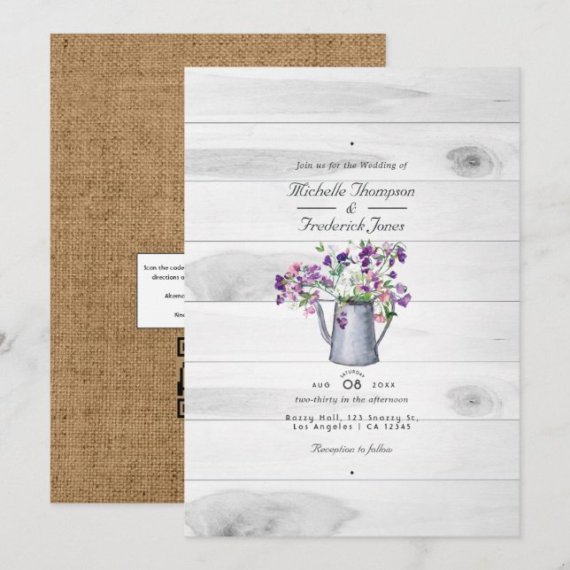 Convite Código QR Floral de Jardim Rústico Country para Ca (Frente/Verso)