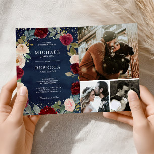 Convite Código QR Floral de Pêssego Borgonha Casamento Azu