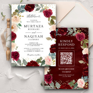 Convite Código QR Floral de Pêssego Borgonha para Casament