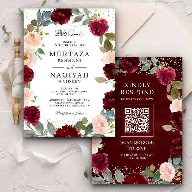 Convite Código QR Floral de Pêssego Borgonha para Casament (Criador carregado)