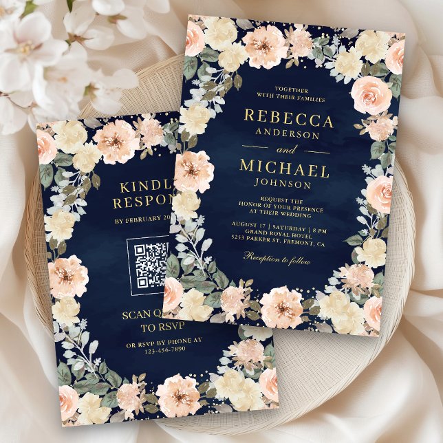 Convite Código QR Floral de Pêssego Empoeirado Rústico Cas (Criador carregado)