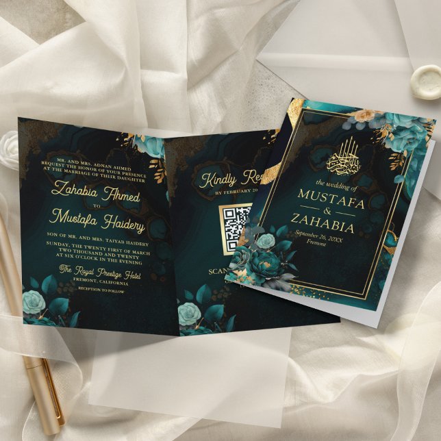 Convite Código QR Floral Dourado em Azul Teal para Casamen (Criador carregado)
