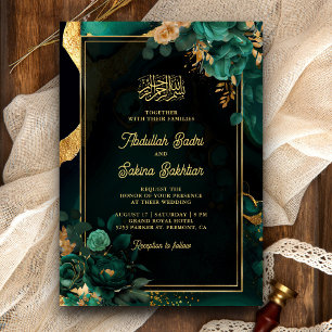 Convite Código QR Floral Dourado Esmeralda Verde Casamento