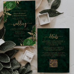 Convite Código QR Floral Dourado Esmeralda Verde Casamento