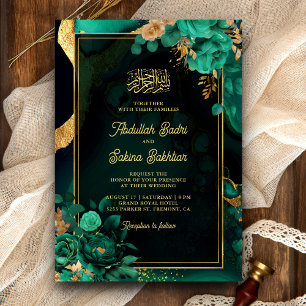 Convite Código QR Floral Dourado Verde Hortelã Casamento M
