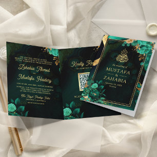 Convite Código QR Floral Dourado Verde Hortelã Casamento M