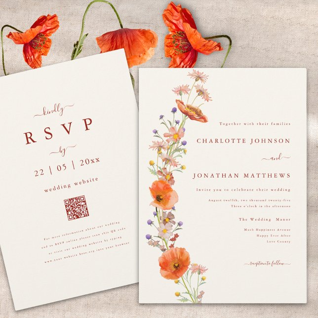 Convite Código QR Floral Laranja Marrom de Flor Silvestre  (Elegant boho wildflower fall wedding invitation with qr code and burnt orange script )