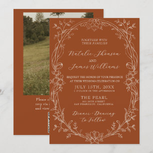 Convite Código QR Floral Laranja Queimada Foto Casamento B