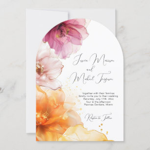 Convite Código QR Floral Laranja Rosa Aquarela Casamento