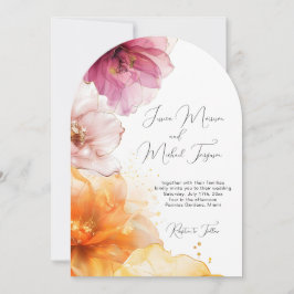 Convite Código QR Floral Laranja Rosa Aquarela Casamento