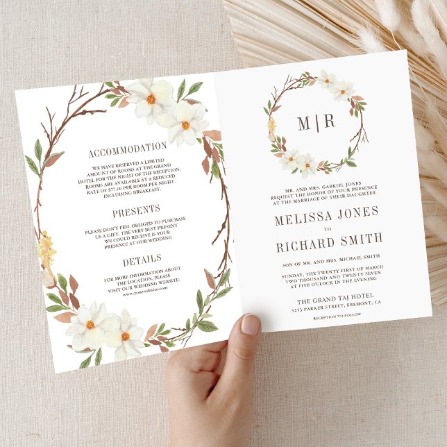 Convite Código QR Floral Magnólia Branca Rústica Casamento (Criador carregado)