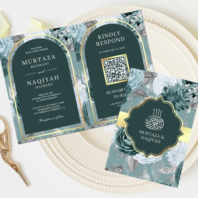 Convite Código QR Floral Maresia Verde-azulado Escuro Casa (Criador carregado)