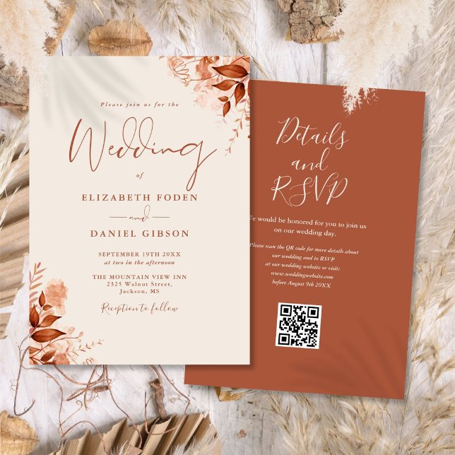 Convite Código QR Floral Outono Rústico para Casamento (Rustic Autumn Fall Floral QR Code Wedding Invitation)