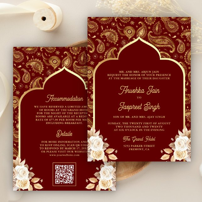 Convite Código QR Floral Paisley Dourado Vermelho Casament (Criador carregado)