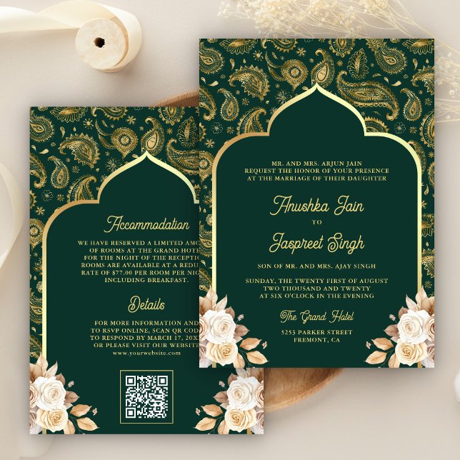 Convite Código QR Floral Paisley Ouro Esmeralda Casamento  (Criador carregado)