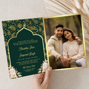 Convite Código QR Floral Paisley Ouro Esmeralda Casamento