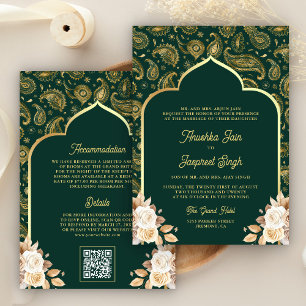 Convite Código QR Floral Paisley Ouro Esmeralda Casamento
