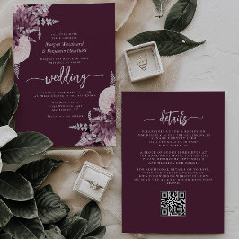 Convite Código QR Floral Prateado Malva Casamento