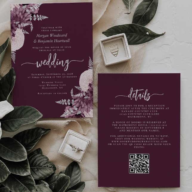 Convite Código QR Floral Prateado Malva Casamento (Criador carregado)
