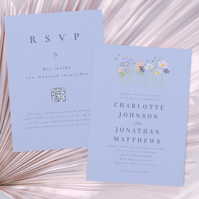 Convite Código QR Floral Rosa Azul de Flores Silvestres Mo (Modern wildflower boho blue & pink watercolor floral wedding QR code invitation cornflower navy )