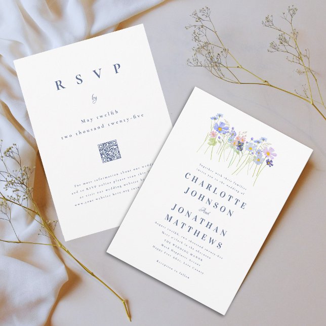 Convite Código QR Floral Rosa Azul de Flores Silvestres Mo (Boho chic wildflower meadow blue and pink watercolor floral wedding qr code invitation)